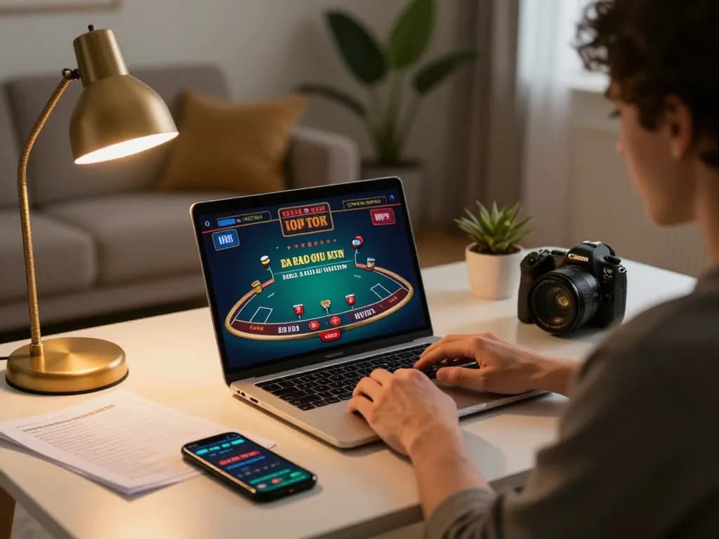 Engaging scene of online gambling with a Luckywin link on the laptop screen, showcasing a responsible gaming setup.