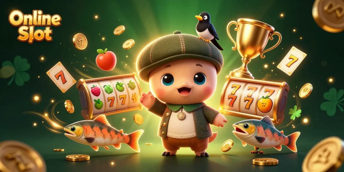 Engage with Online Slot excitement, featuring a vibrant cartoon illustration of playful characters and dynamic game elements.