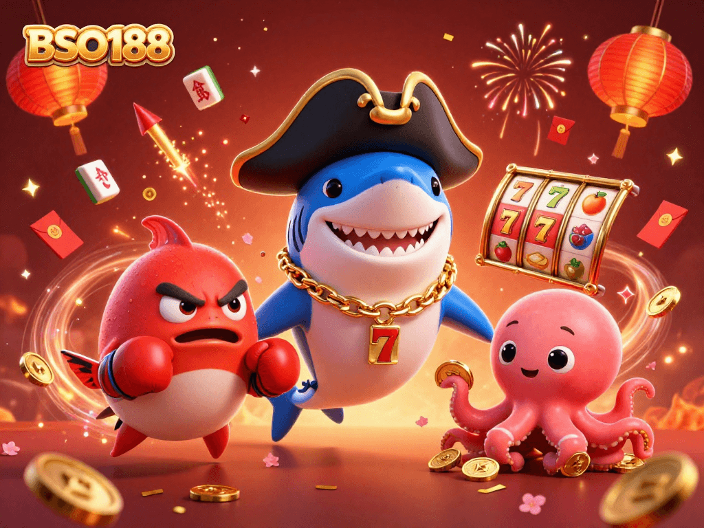 Engage in thrilling gameplay with BSO188's cartoon pirate shark and friends celebrating big wins.