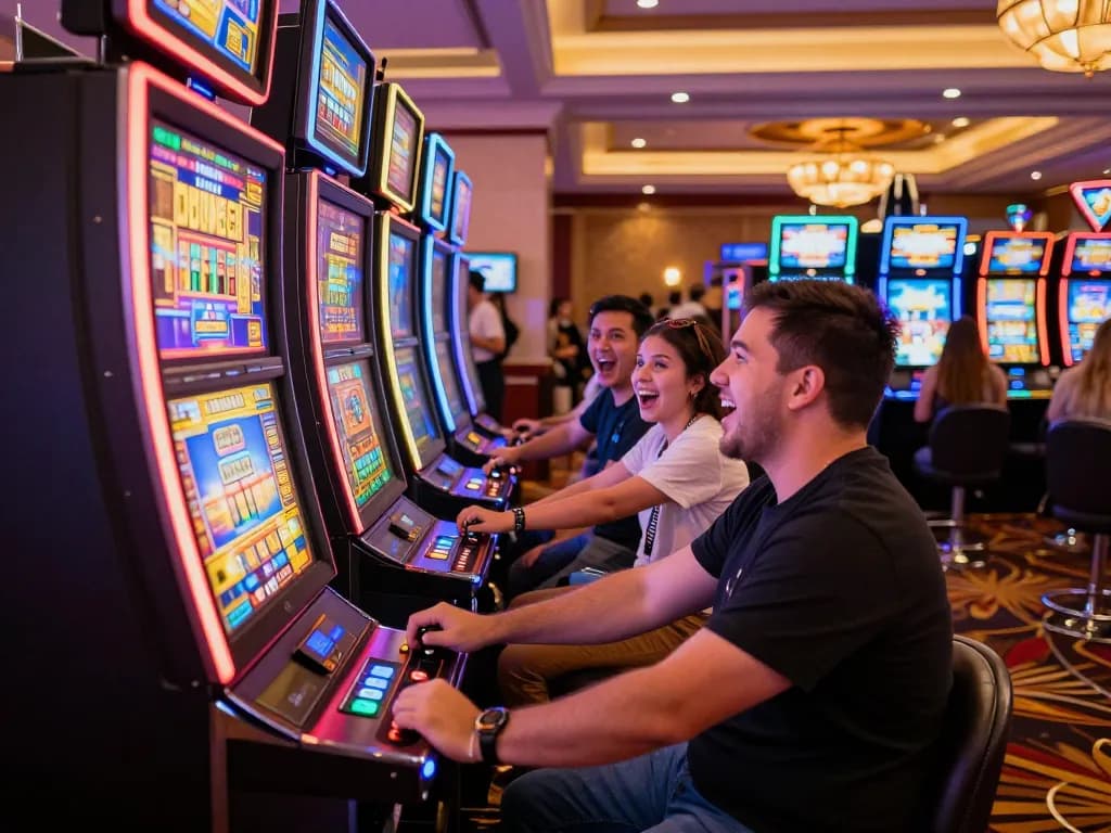 Pemain merasakan aksi slot gacor hari ini yang mendebarkan di lingkungan kasino yang cerah, dipenuhi dengan lampu terang dan kegembiraan.