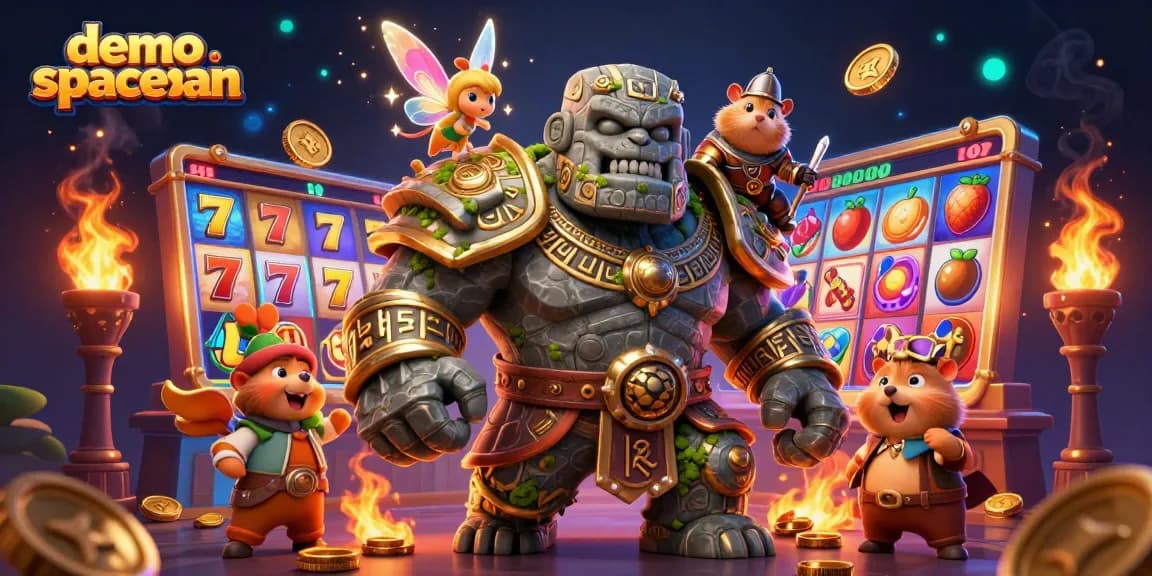 Experience the demo spaceman slot game with an engaging visual of a mystical golem guardian and vibrant casino elements.