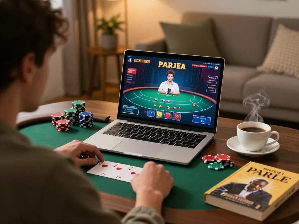 Pemain Jalatogel menikmati permainan poker daring di rumah dengan fokus yang terlibat dan catatan strategi.