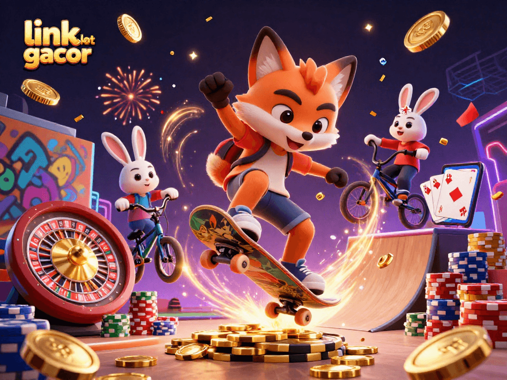 Experience thrilling action in link slot gacor with dynamic characters amidst sparkling casino elements.