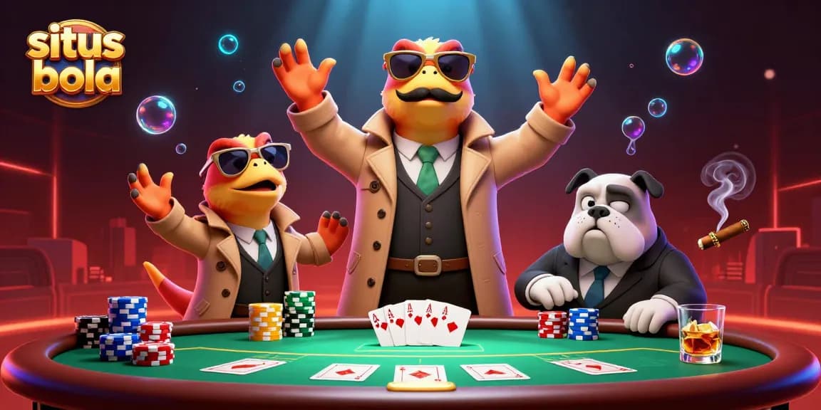Engage with situs bola at a lively casino scene with dynamic characters and vibrant gaming elements.