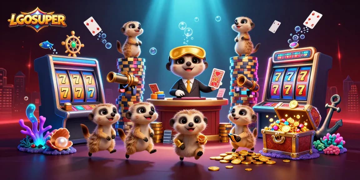 Engage in thrilling gameplay at LGOSUPER with vibrant meerkats orchestrating an exciting casino atmosphere.