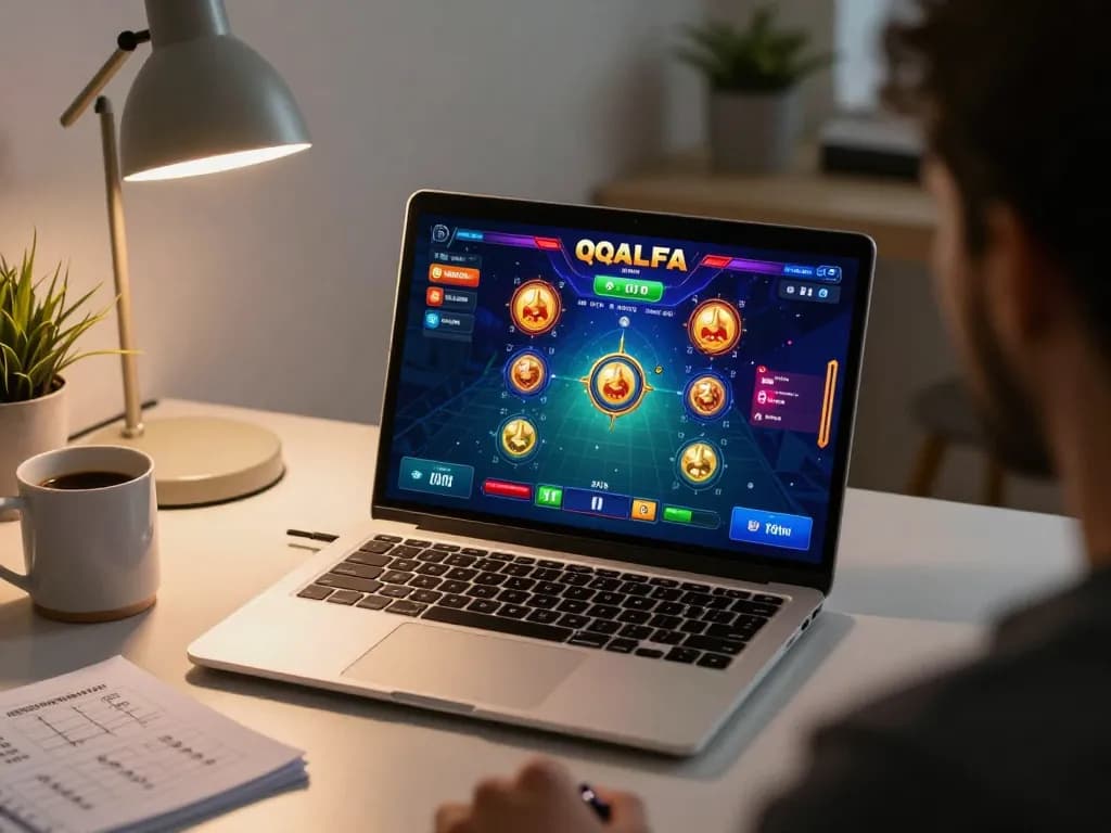 Playing QQALFA slot on a laptop in a modern home setup, showcasing the excitement of online gambling