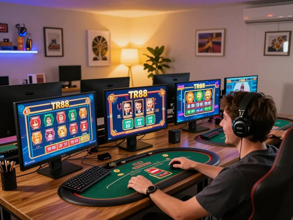 Player betting on TR88 via multiple screens showcasing various casino games in a professional gaming setup.