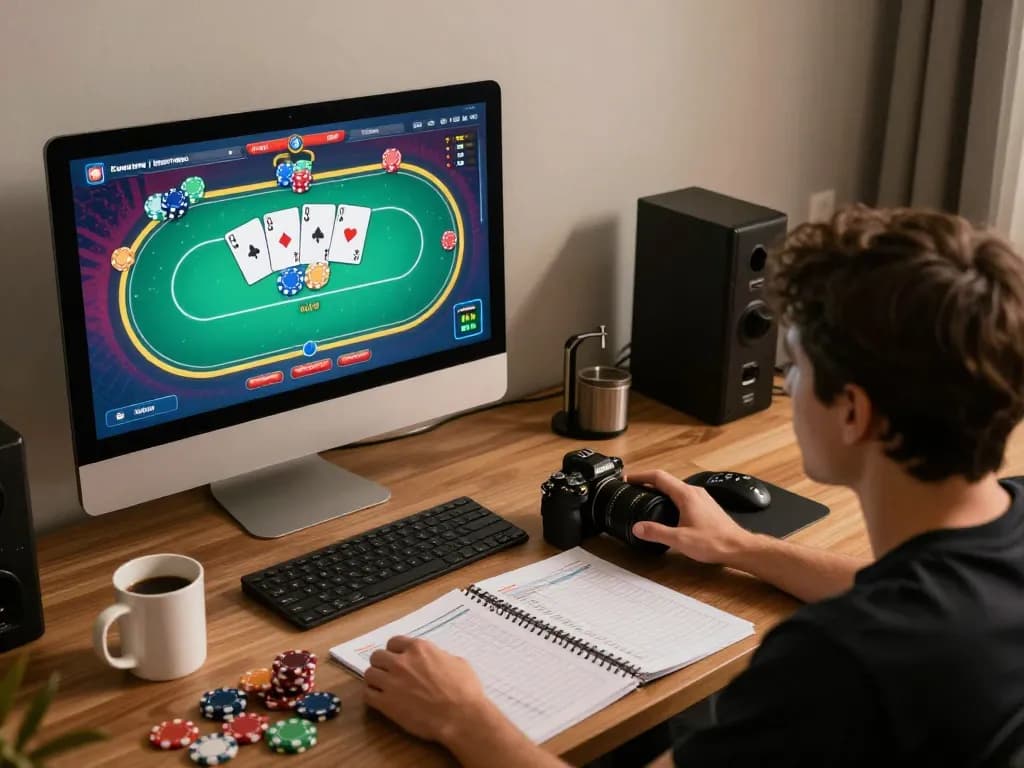 Playing poker online at home while checking toto hk numbers for betting advice.