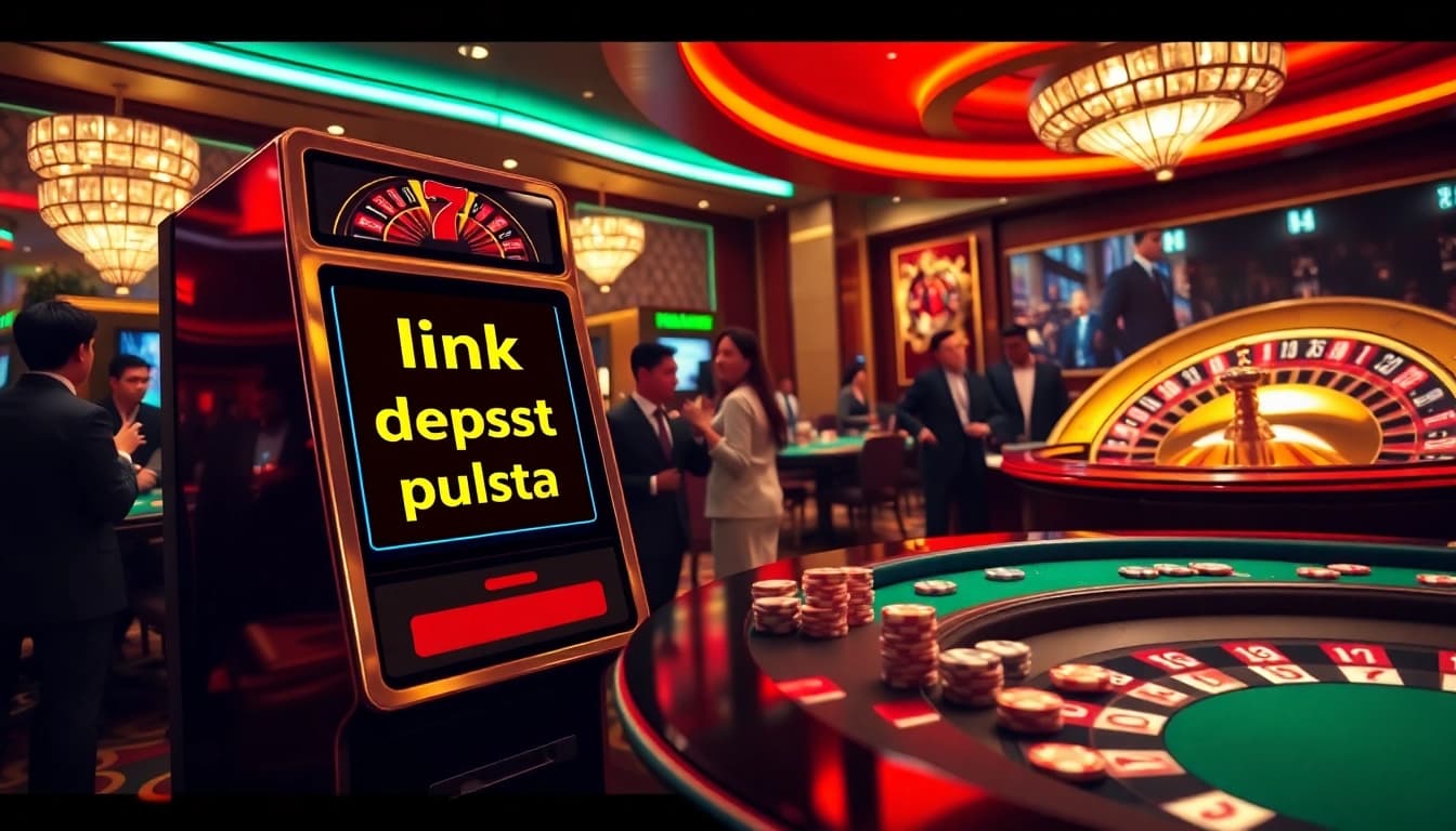Exciting players interacting with luxury slot machines featuring link slot deposit pulsa in a vibrant casino setting.