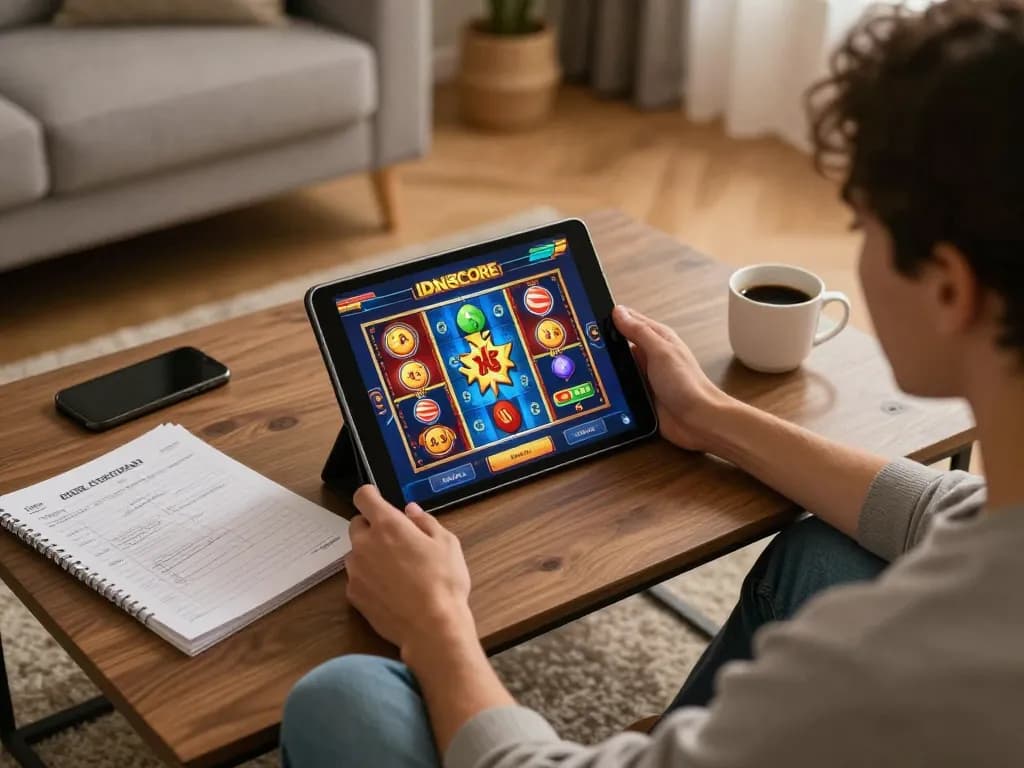 IDNSCORE online gaming experience featuring vibrant slot games in a cozy home setup.
