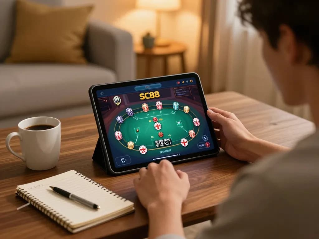 Engaging in SC88 Game on tablet in a cozy home setting, showcasing strategic gaming elements.