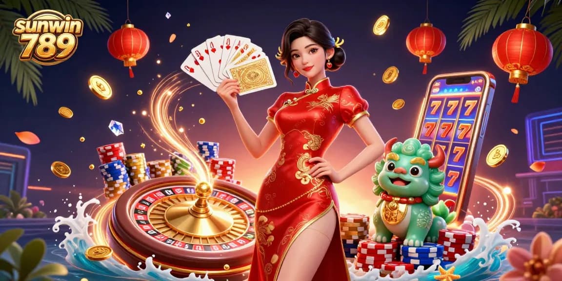 Experience the excitement of sunwin 789 with vibrant casino elements and elegant characters.