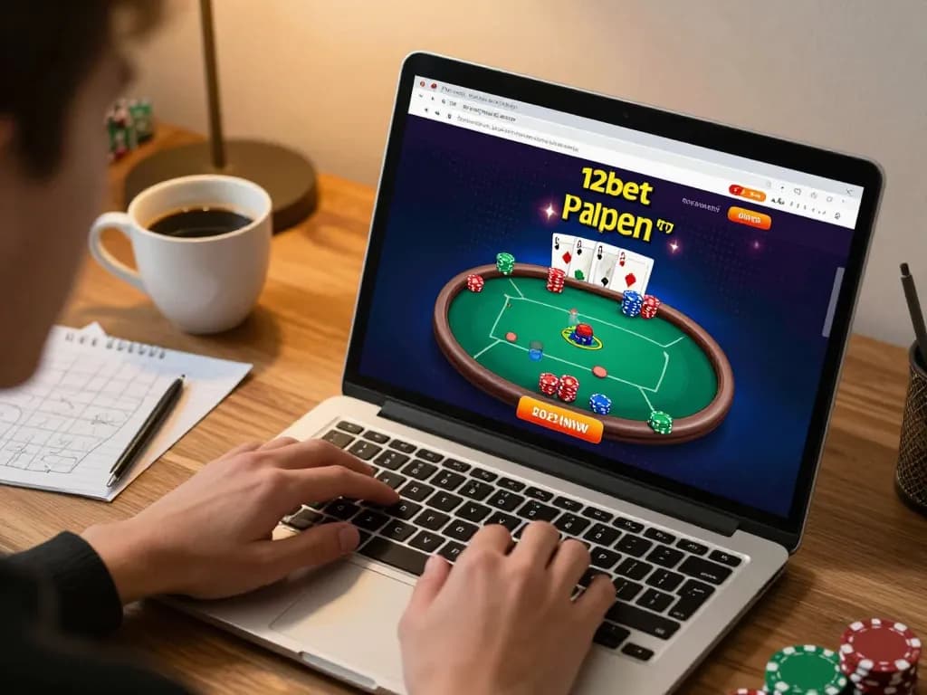 Người chơi tham gia 12bet casino trực tuyến từ nhà, trình diễn gameplay poker trên màn hình laptop