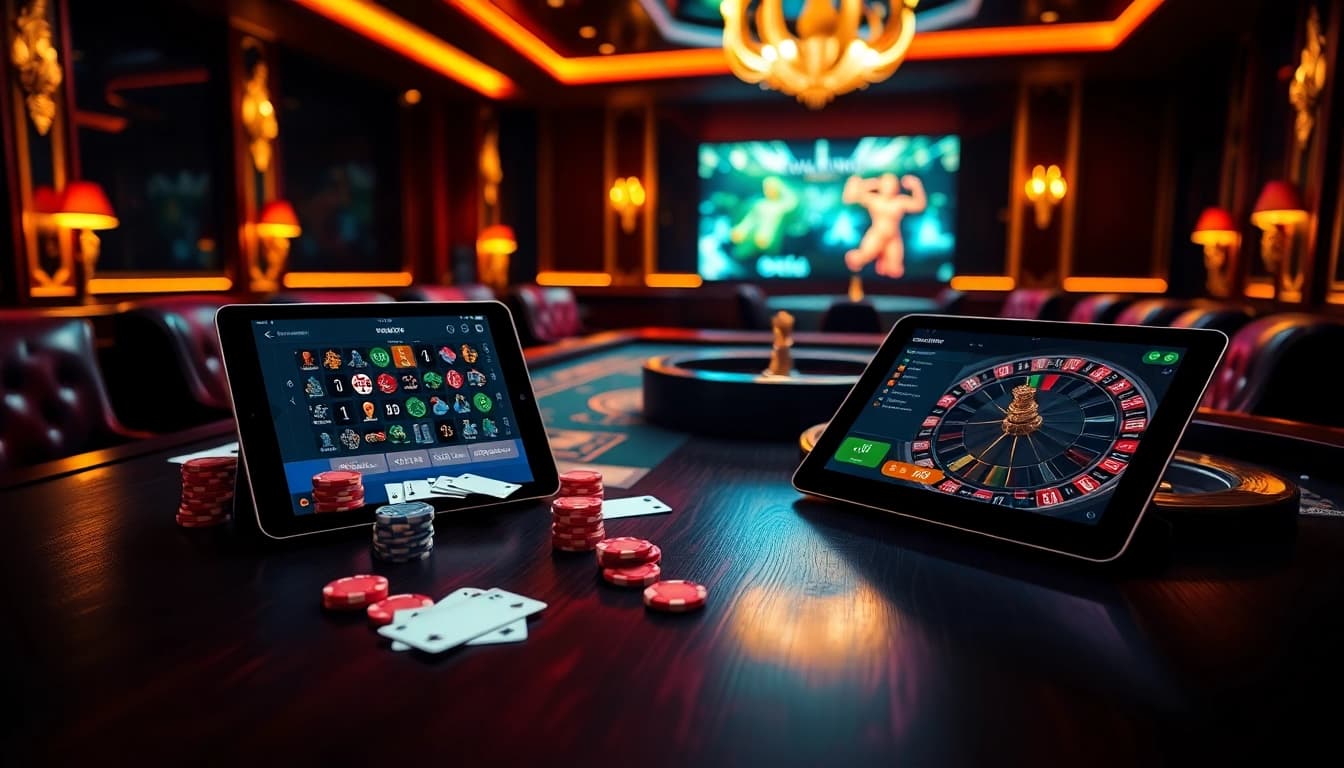 An engaging casino scene showcasing sbobet login terbaru with vibrant poker chips on the table and an online betting interface.