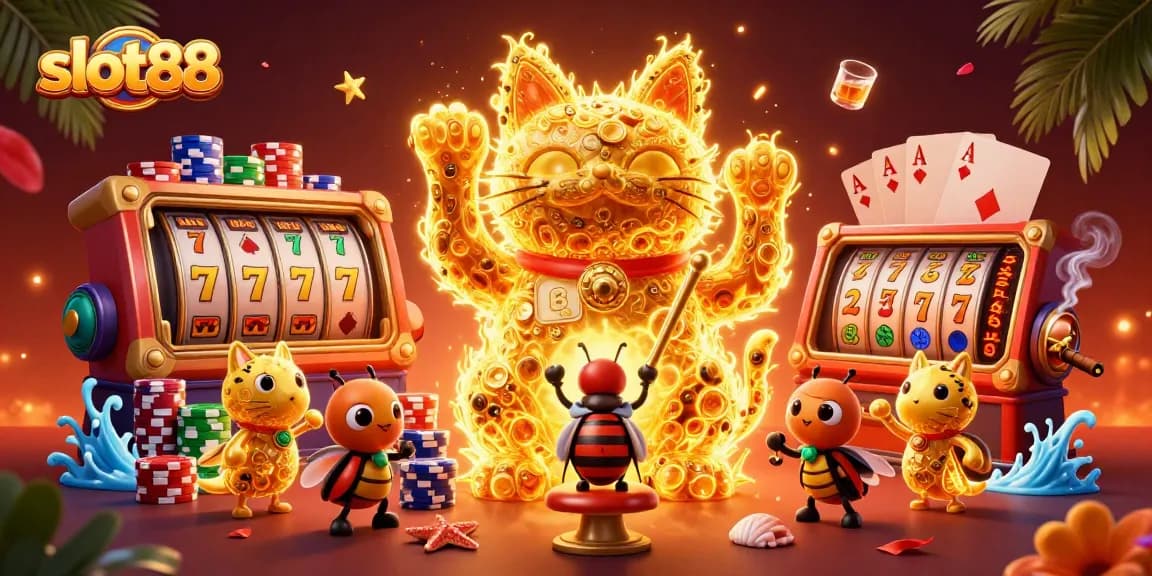 Menghadirkan slot88, ilustrasi kucing keberuntungan yang dikelilingi simbol permainan slot yang berwarna-warni.