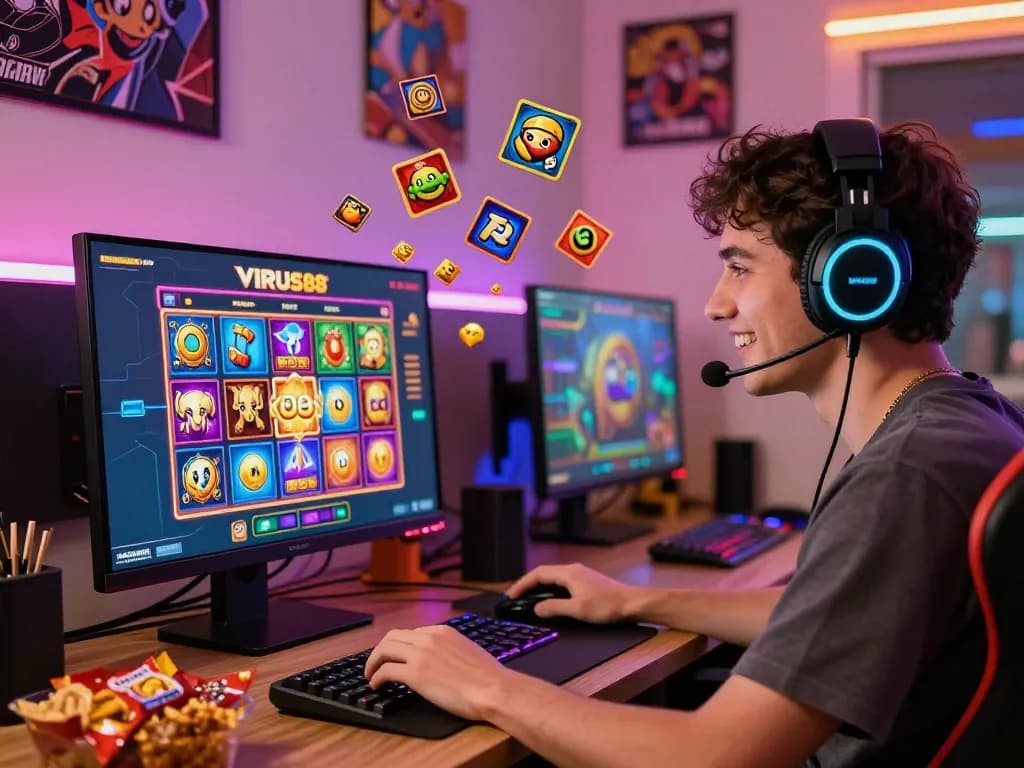 Pemain terbenam dalam pengalaman bermain slot online VIRUS88, suasana cerah dan grafik yang menarik.