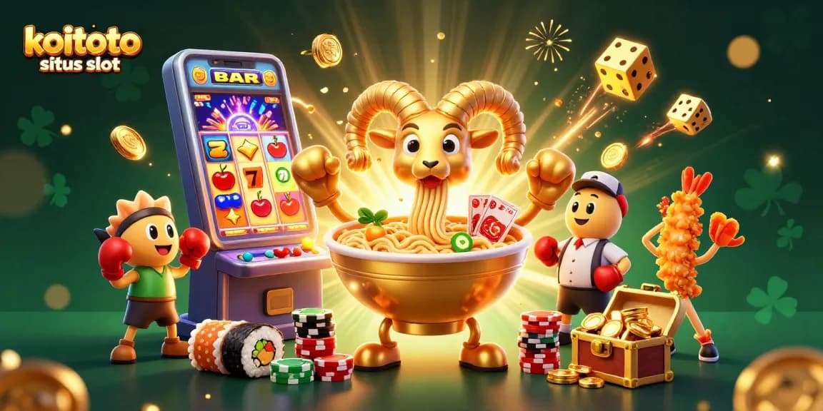 Koitoto situs slot menampilkan ilustrasi kasino yang meriah dengan berbagai karakter dan elemen permainan slot.