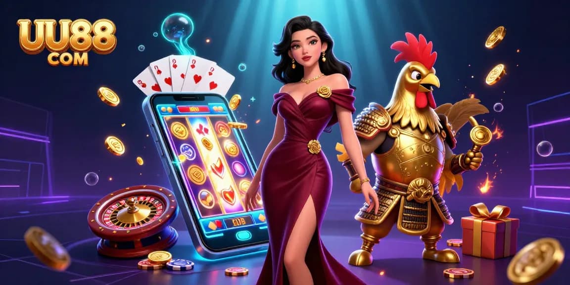 Experience thrilling gameplay with UU88 COM featuring a glamorous woman and a golden rooster warrior in a vibrant casino scene.