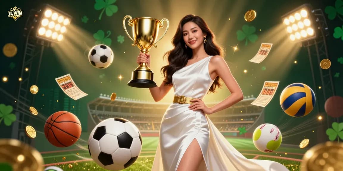 LL WIN showcases a confident woman holding a trophy amid dynamic sports betting elements, embodying victory.