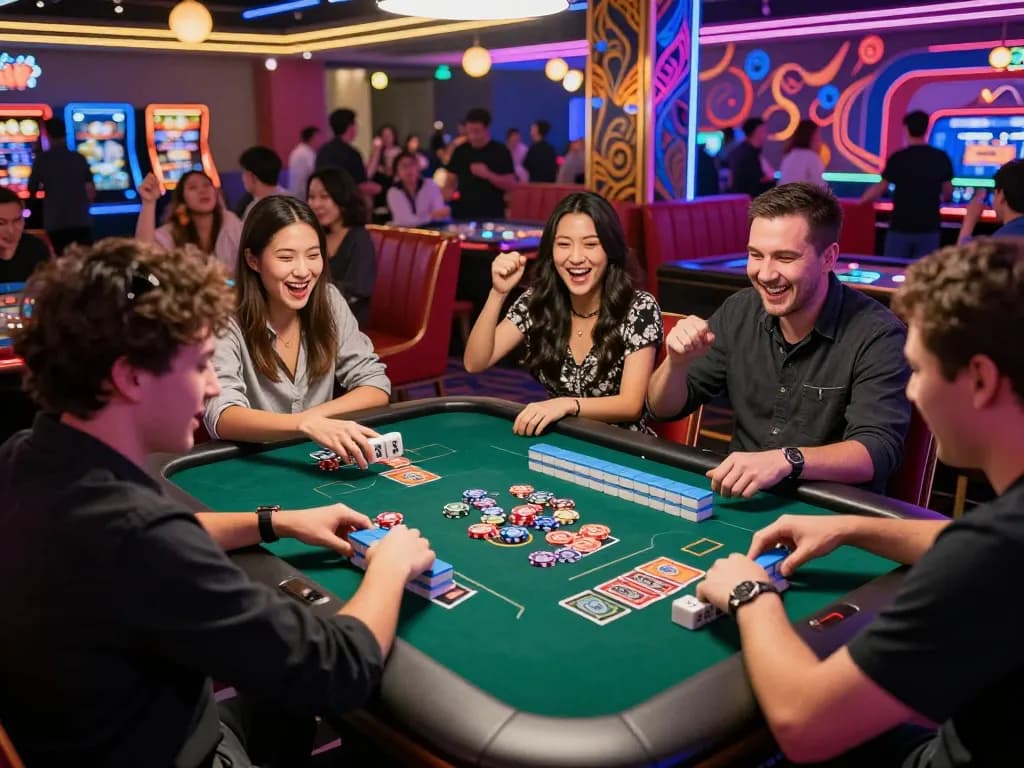 Peluang mahjong wins 3 suasana permainan dengan pemain merayakan di meja kasino.