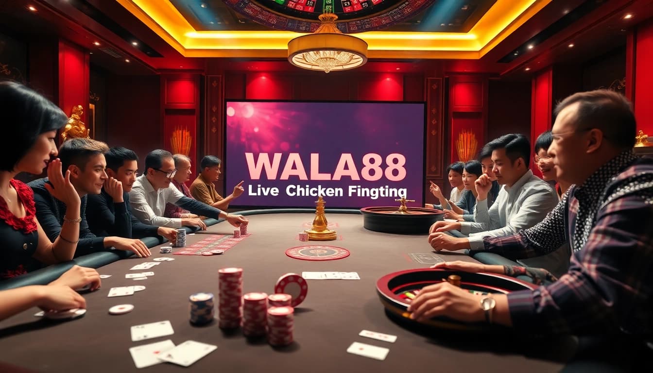 Engage with the excitement of đá gà trực tiếp wala88 at a luxury casino experience, highlighting betting action and vibrant gaming elements.