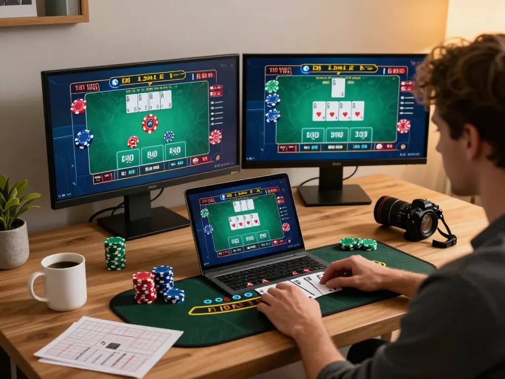 Player enjoying live dealer blackjack game on mb66an laptop, showcasing strategic gameplay in modern workspace.