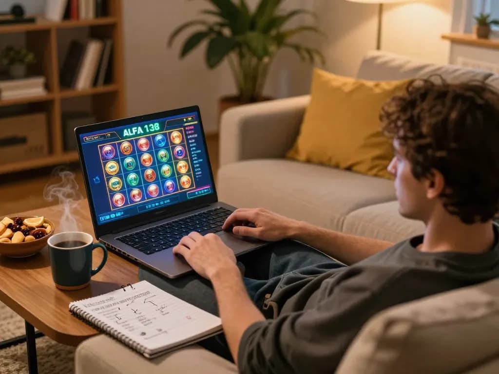 Player engaging with alfa138 slot on laptop, cozy home setup showcasing strategic gaming