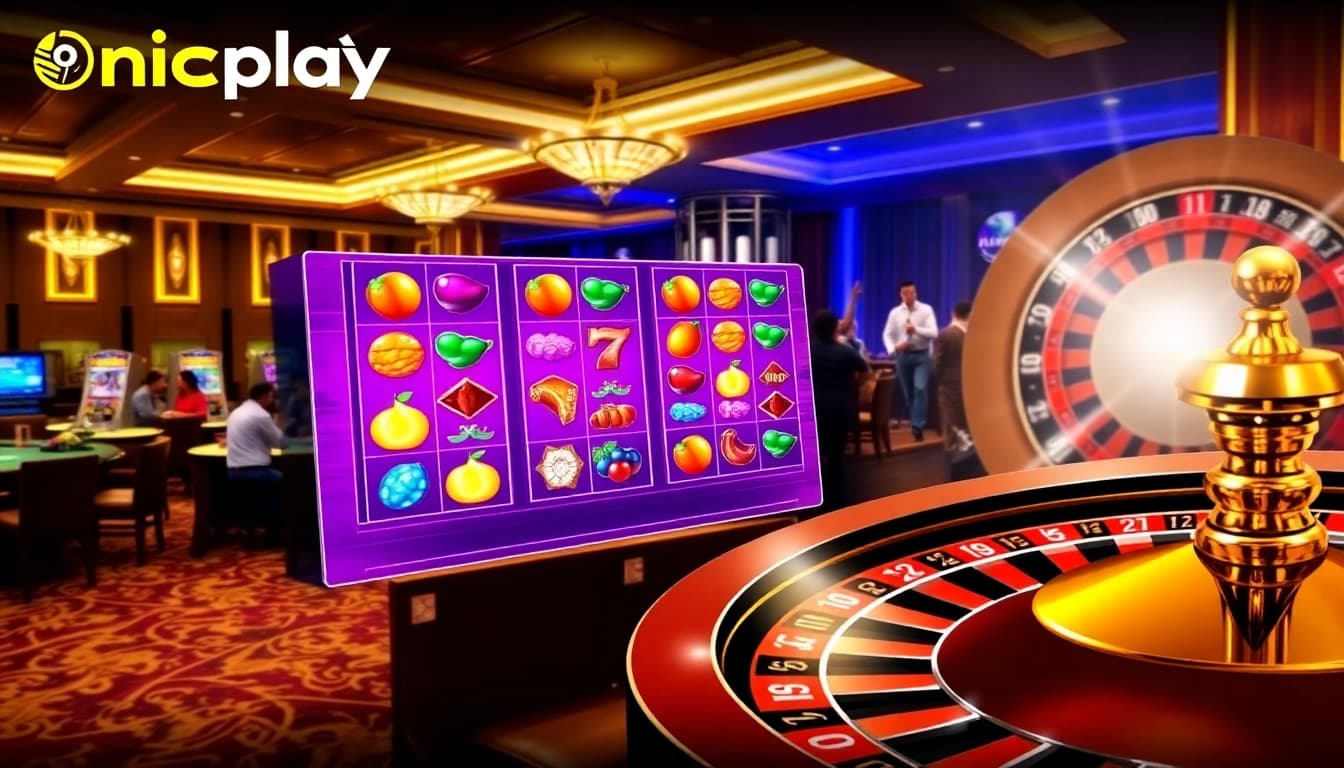 Experience the excitement of Onicplay with vibrant slot machines in a luxurious casino setting.