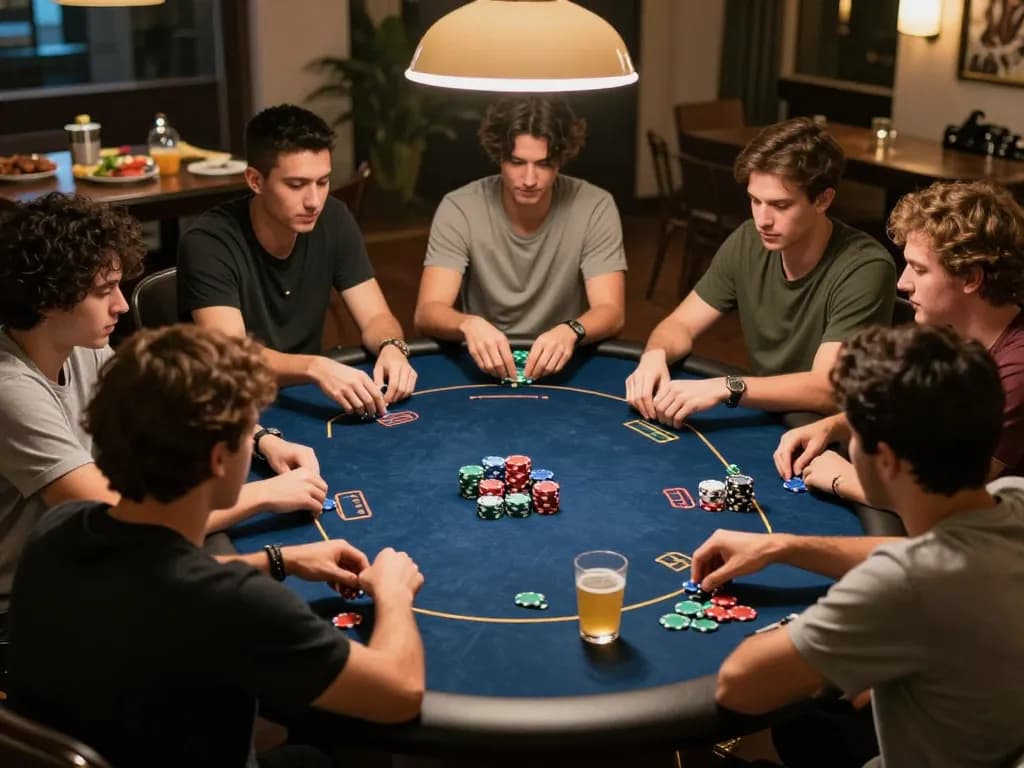 Players enjoying a poker night at home, showcasing engaging gameplay with open cards and colorful chips on the table, emphasizing the excitement of open88k card games.