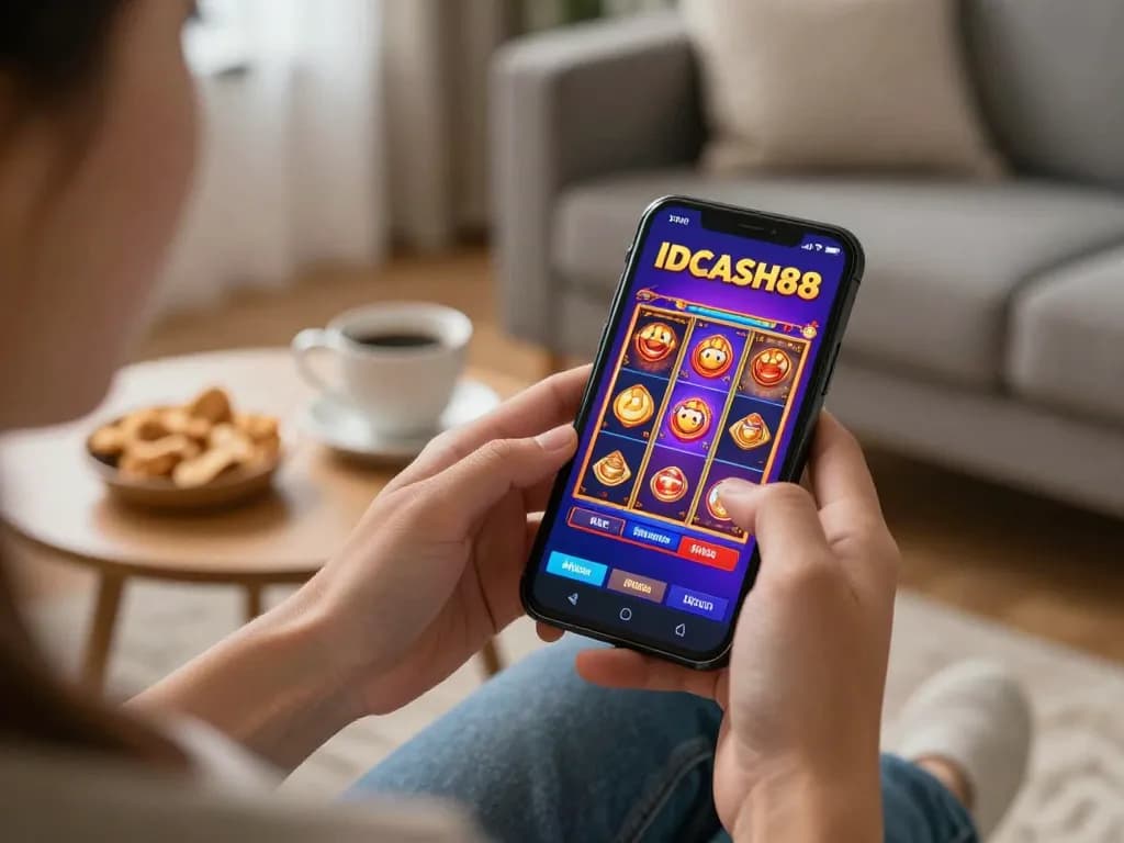 IDCASH88 casino app showcased on smartphone during an engaging gaming session in a cozy living room.