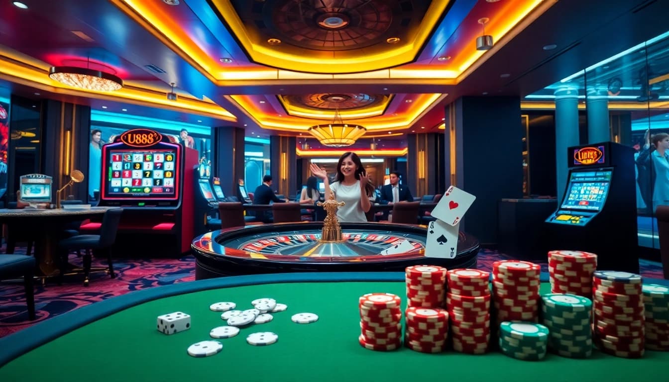 Engaging scene of winners at Nhà cái U888's luxurious casino, highlighting excitement with roulette and slot machines.