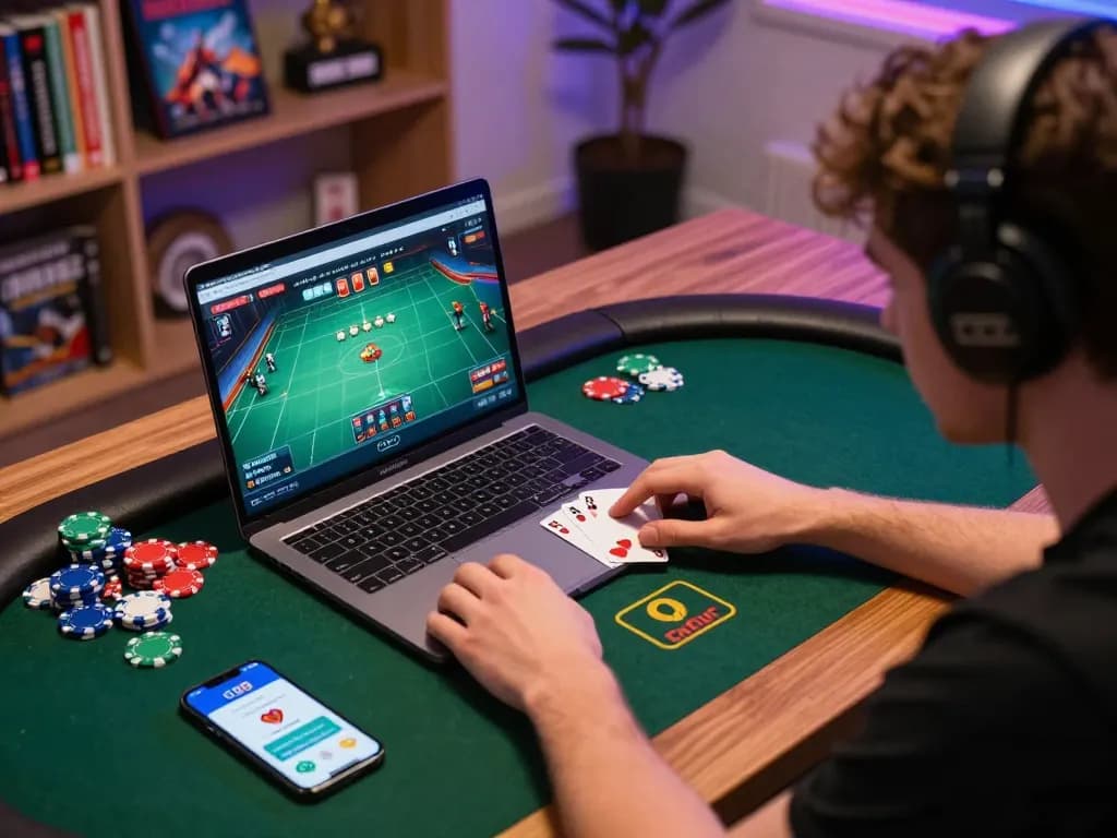 Player engaging with sc88 online poker game on laptop, surrounded by colorful gaming chips and strategy materials.