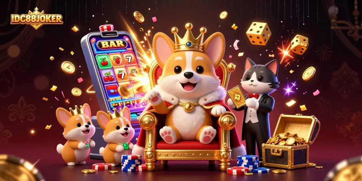 Experience winning at IDC88JOKER with a playful royal corgi surrounded by exciting casino elements.