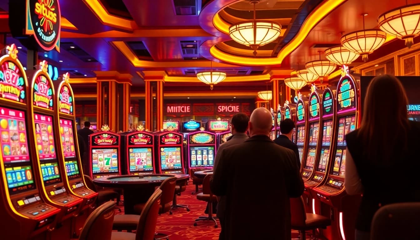 Situs11 slot machines glimmer under casino lights as players engage in thrilling games.