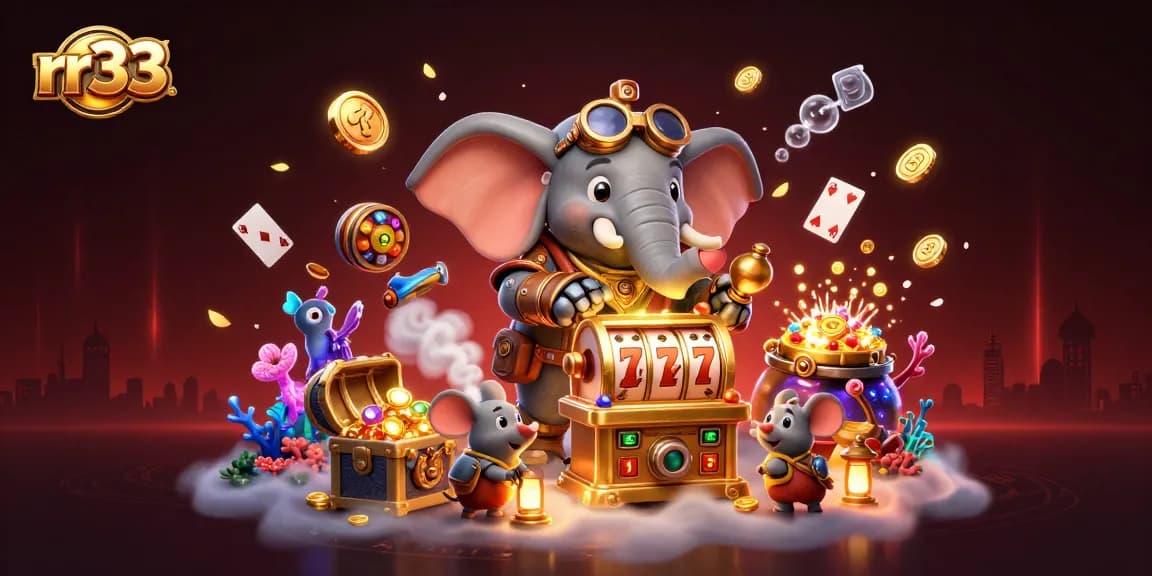 Experience the thrill at rr33 with a vibrant steampunk scene featuring slot machines and gold treasures.