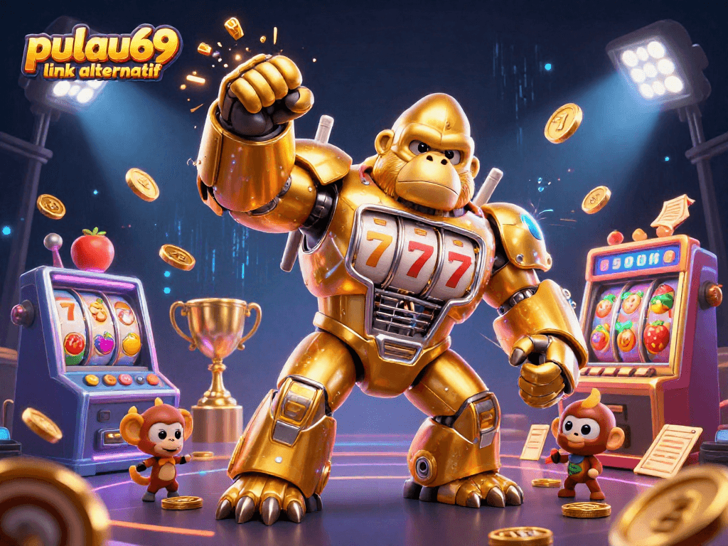 Experience the excitement of pulau69 link alternatif as a golden gorilla mech triumphantly displays slot machine wins.