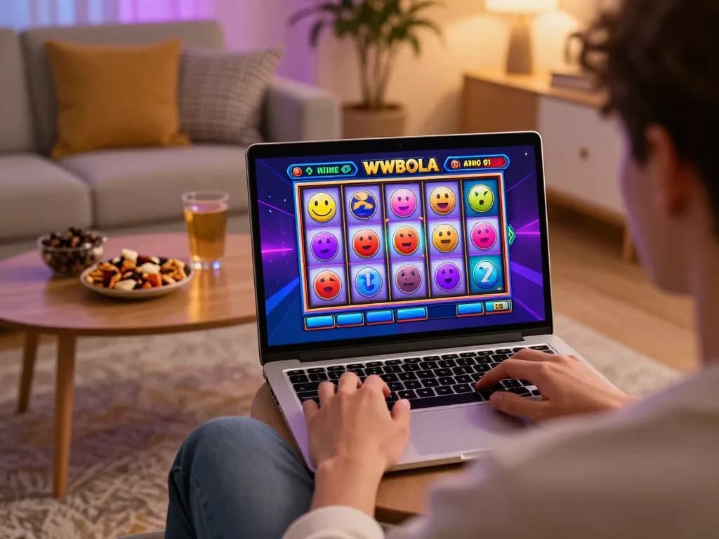 Engaging in slot gameplay on WWBOLA from a cozy home setting with colorful visuals.