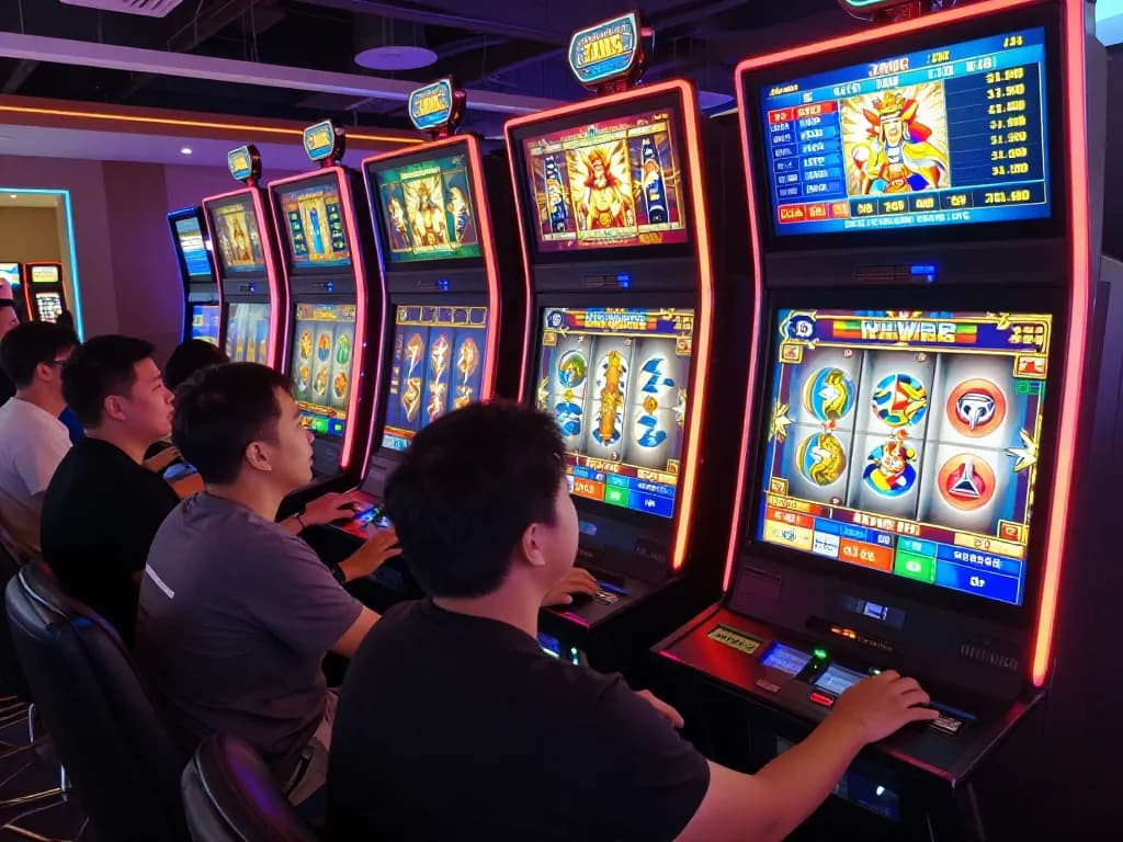 Excited players engaging with a slot gacor game featuring Zeus symbols, capturing the thrilling gaming atmosphere.