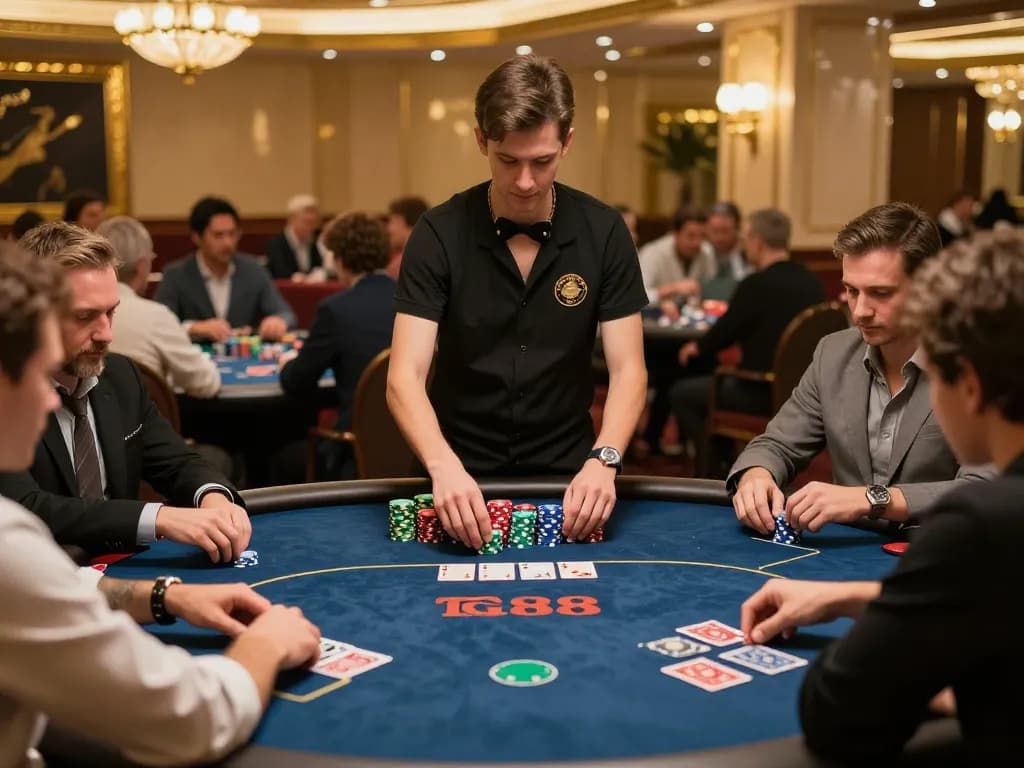 Players strategizing their hands at tg88 poker table, vibrant chips and focused expressions showcase intense gameplay.