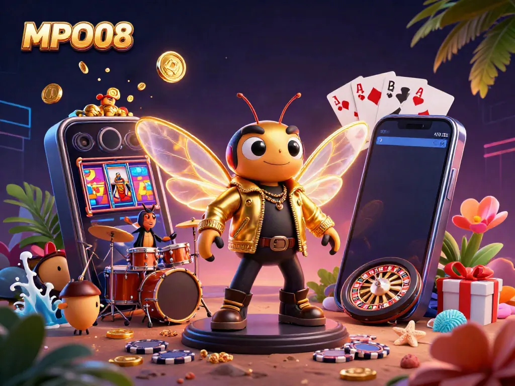 Engage with the MPO08 online casino featuring a 3D cicada rock star and vibrant gaming elements.