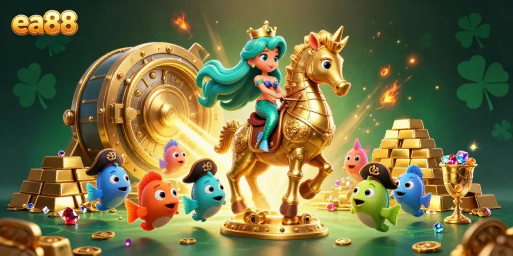 Experience exhilarating gaming at ea88, where the mermaid princess rides with treasures from a vibrant casino scene.