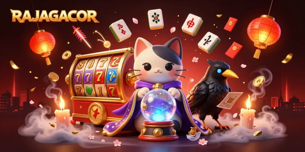 Gambarkan RAJAGACOR dengan cat misterius dan burung gagak dalam dunia slot yang menakjubkan.