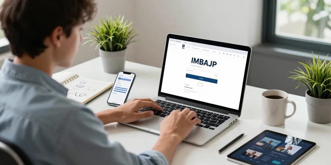Halaman IMBAJP LOGIN pada laptop di ruang kerja modern yang bersih dan terang.