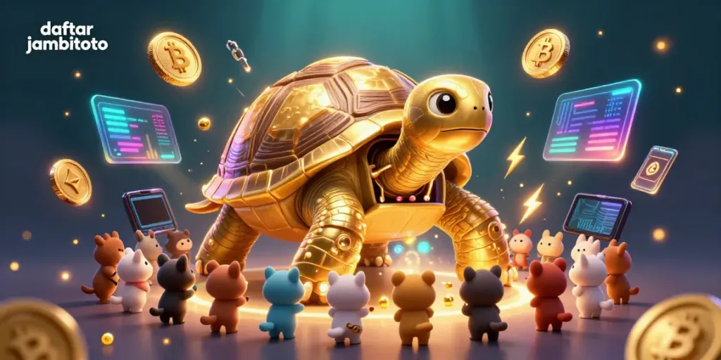 Join the excitement of daftar jambitoto with a captivating illustration of a colossal golden tortoise pinball machine, animated energy, and crypto elements.