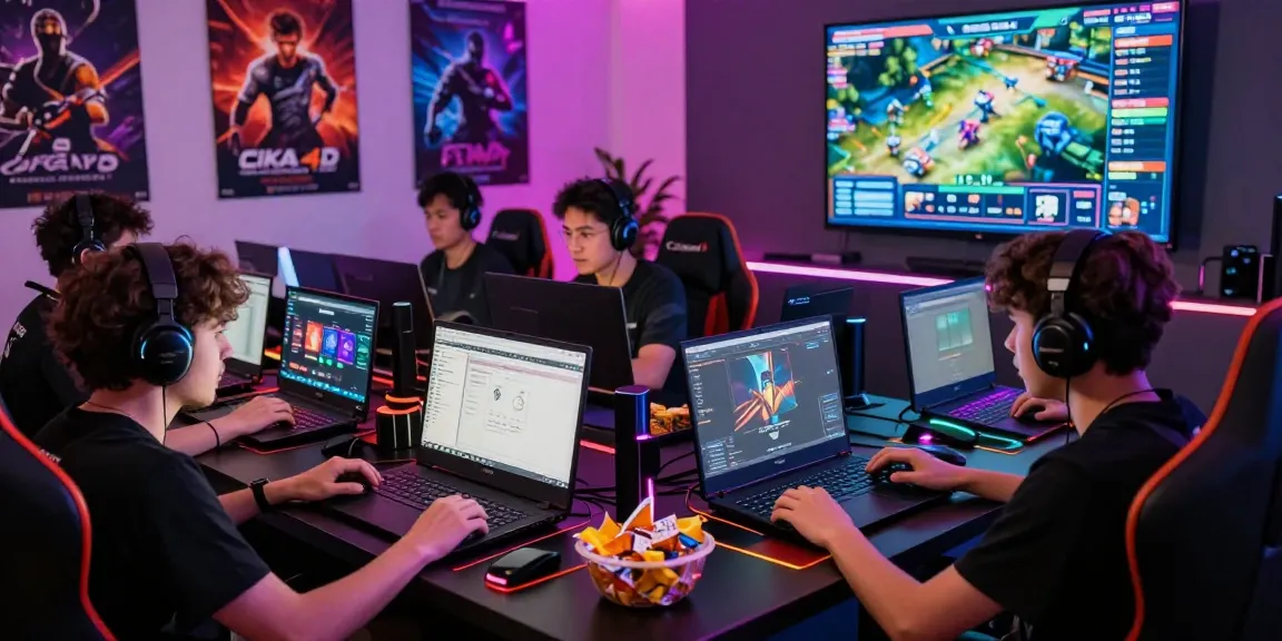 Dynamic gaming session on CIKA4D platform showcasing players engaged and surrounded by gaming gear, snacks, and colorful lights.