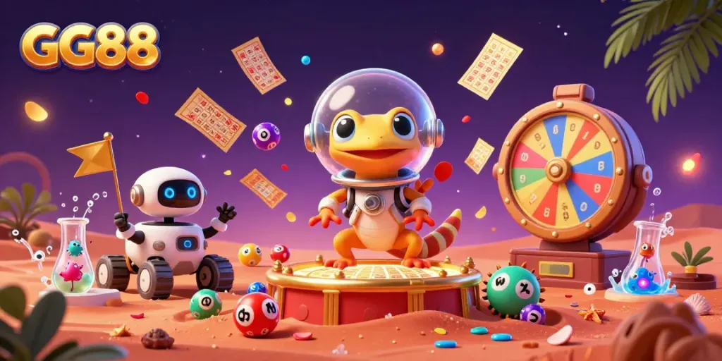 Engage with GG88 through a vibrant casino scene filled with lottery balls and dynamic gaming elements.