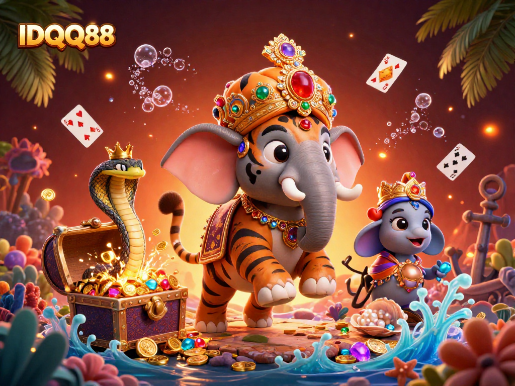 Experience the thrilling IDQQ88 slots action with a vibrant 3D casino scene full of treasures and excitement.