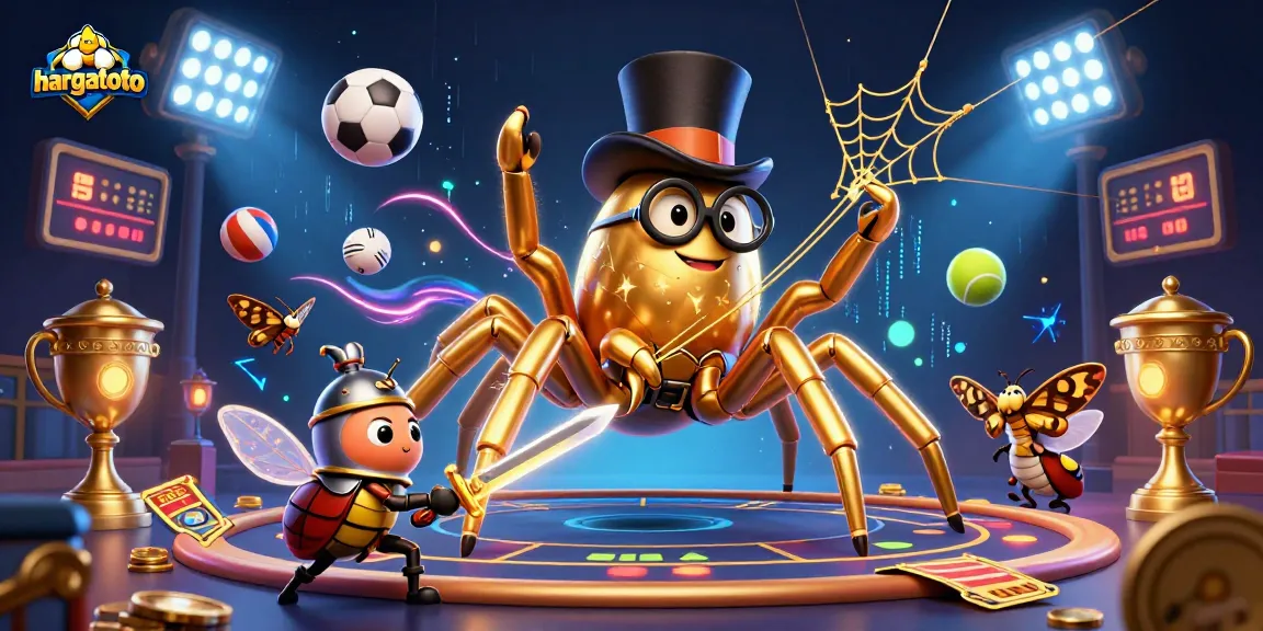 Hargatoto features a giant golden tarantula and beetle knight in a lively casino scene.