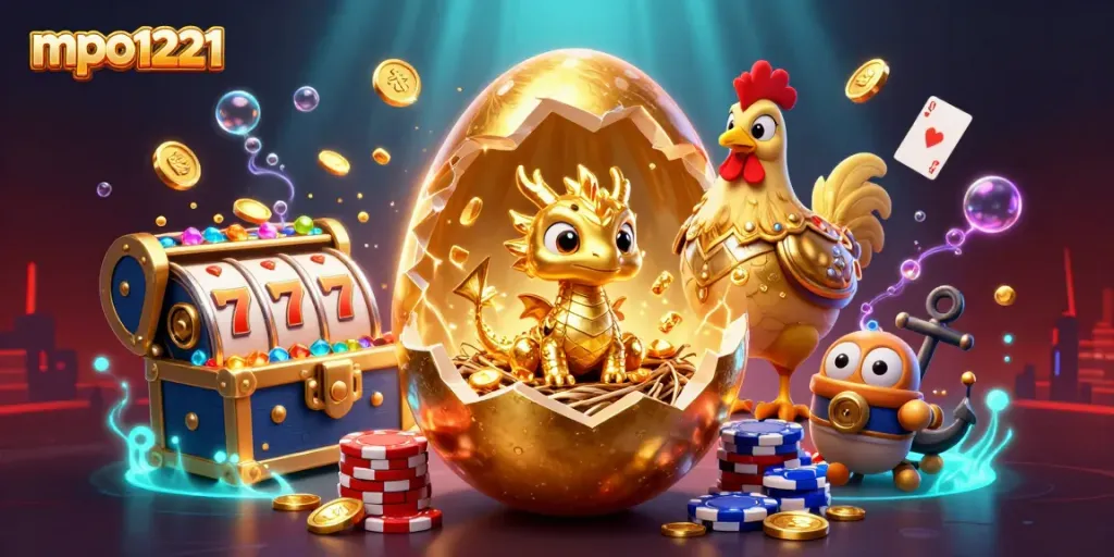 Objek mpo1221 berupa telur emas besar yang pecah dengan naga emas dan piala poker, dikelilingi elemen kasino.