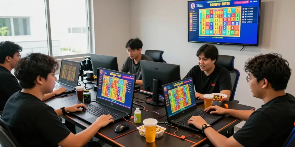 Players engaging in Seribu Toto lottery game online with colorful screens and snacks.
